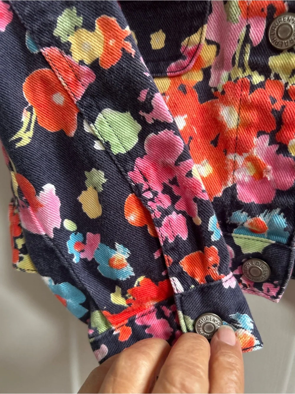 Ralph Lauren Black Floral Print Denim Jacket with Bright Blooms Sz 4T
